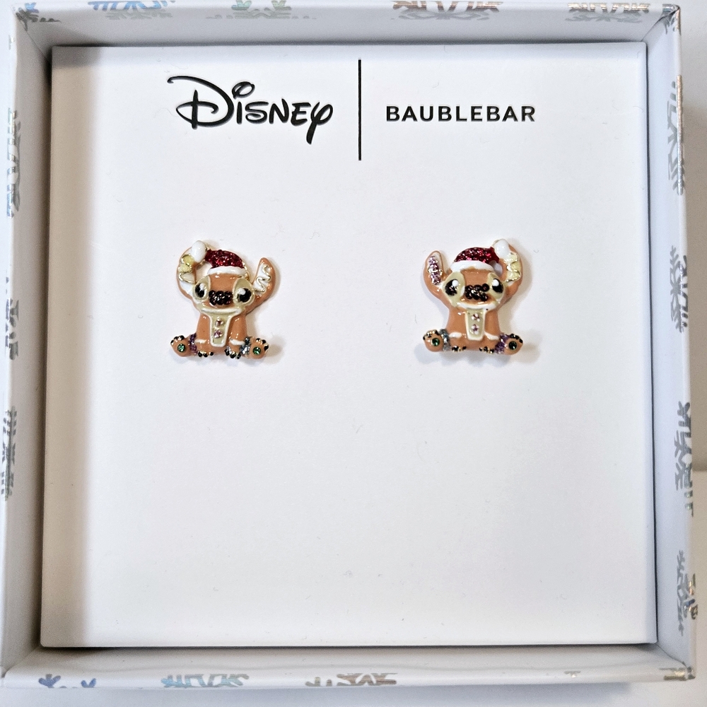 Disney X Baublebar Stitch Gingerbread Wearing Santa Hat Christmas Earrings NIB